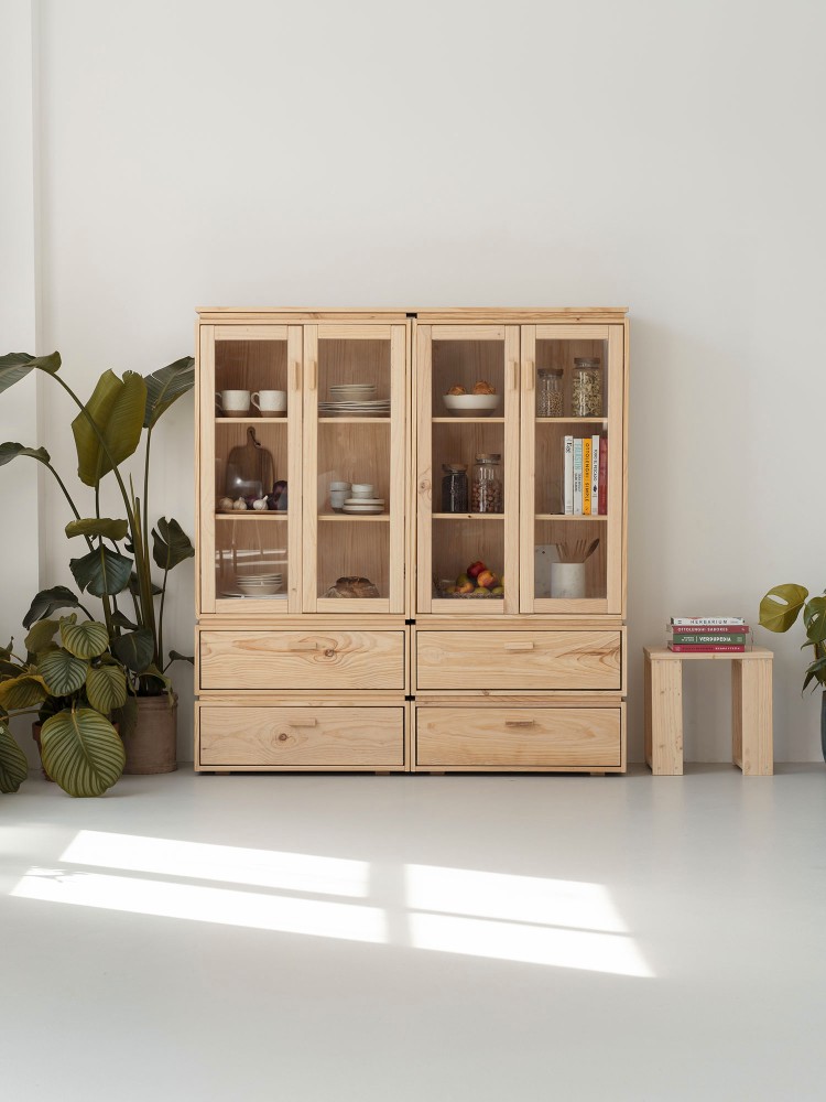 Vitrina expositora doble de cristal y madera con 4 cajones 157x171 LIBE | LUFE 2