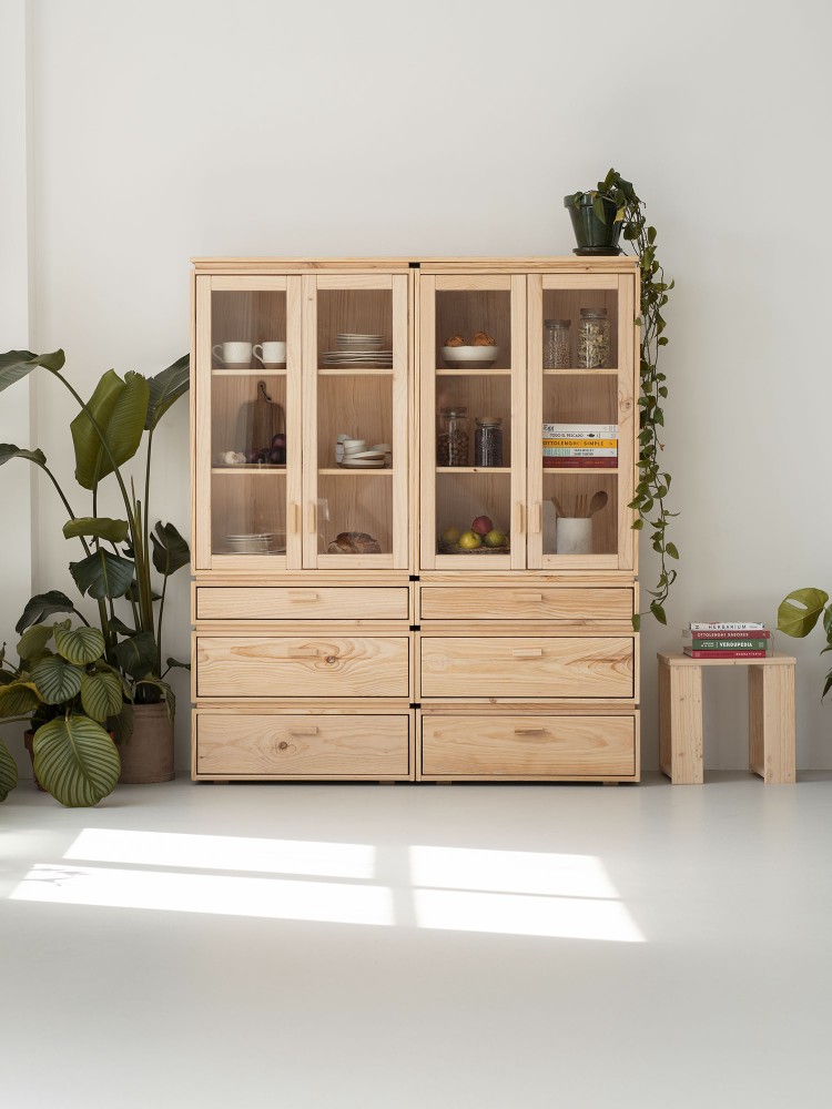 Vitrina expositora doble de cristal y madera con 6 cajones 157x188 LIBE | LUFE 2