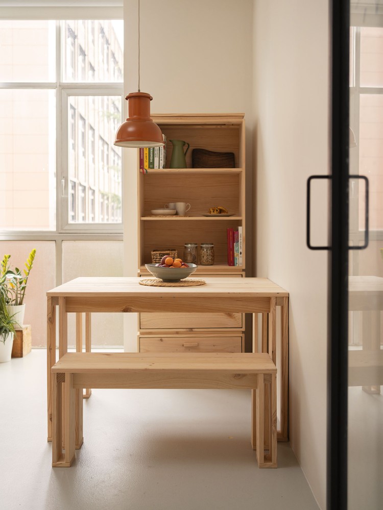 Mesa de comendor de madera con bancos 120 cm | LUFE 2