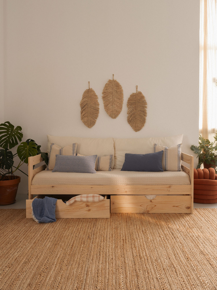 Diván individual de 90 cm de madera con respaldo y cajones | LUFE 2