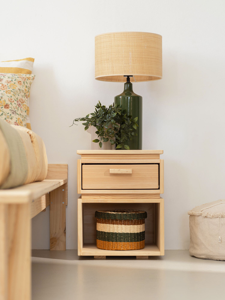 Mesita de noche con cajón y hueco de madera natural | LUFE 2