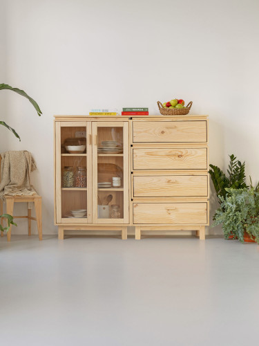 Vitrina expositora doble de cristal y madera con cajonera 157x128 AIKA | LUFE