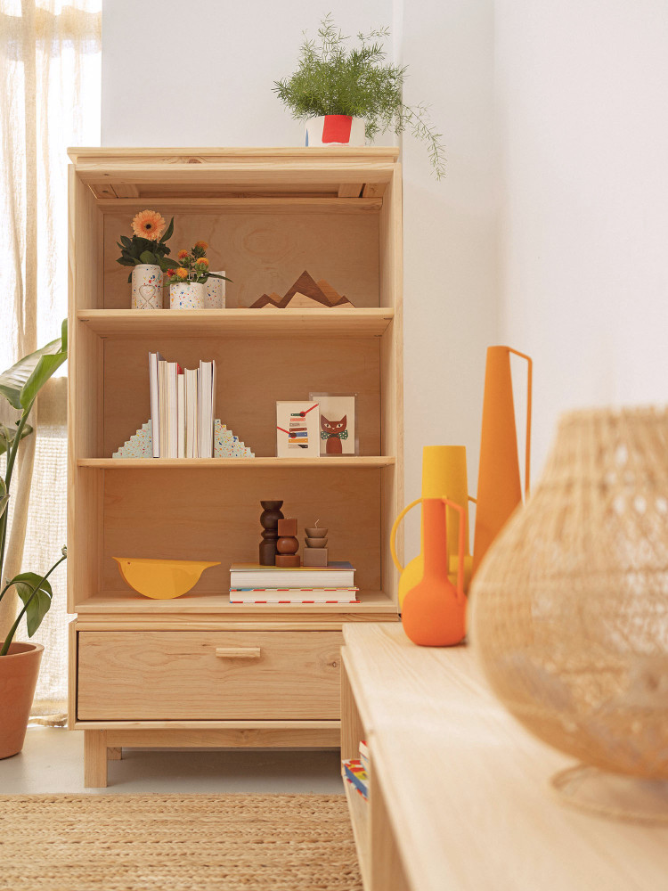 Estantería librería baja con cajón de madera natural | LUFE 2