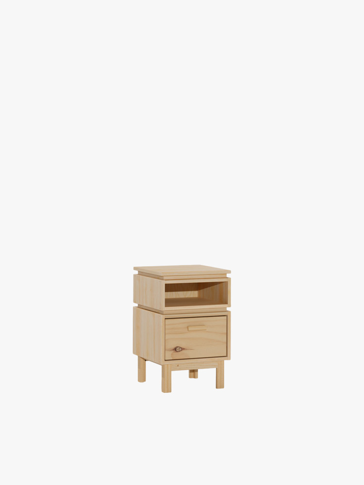 Mesita de noche de madera natural con un hueco y un cajón