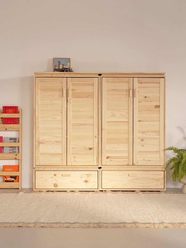 Armario bajo de madera natural con baldas y 2 cajones | LUFE 2