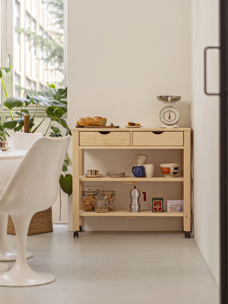 Carrito de cocina y desayunador de madera natural 2