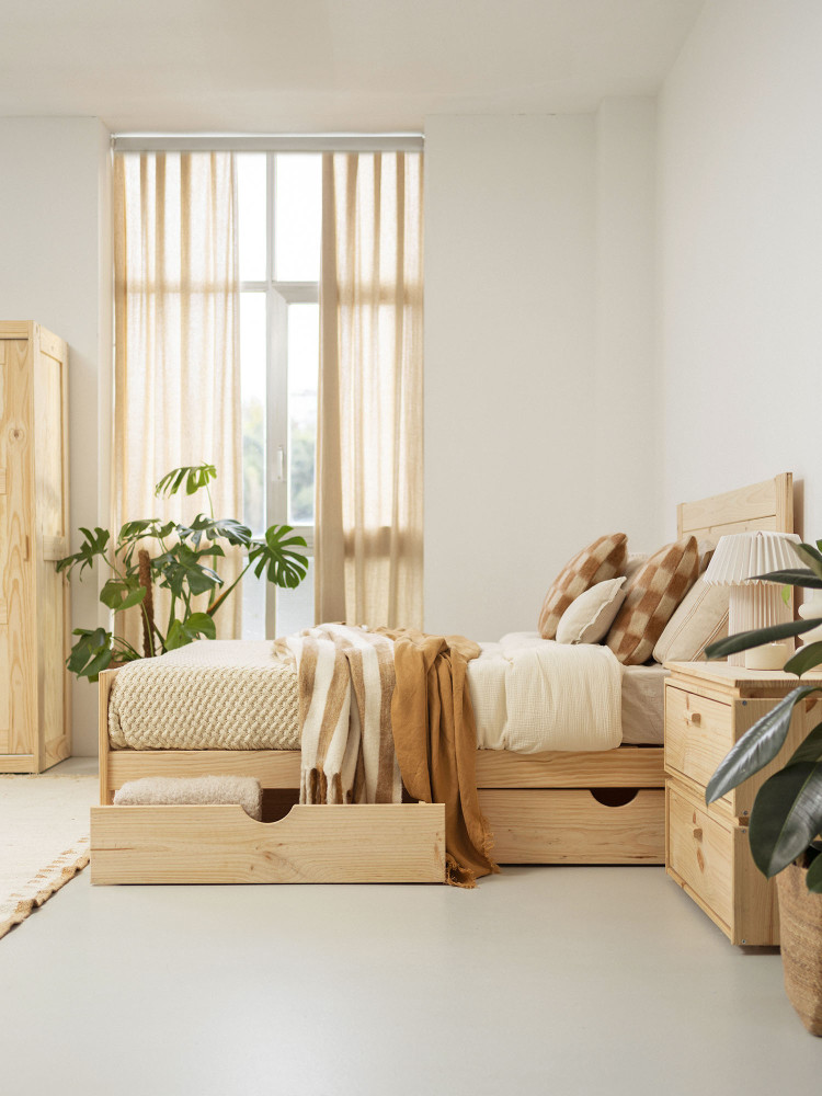 Cama 180 de madera de pino con cajones estilo caserío | LUFE 2