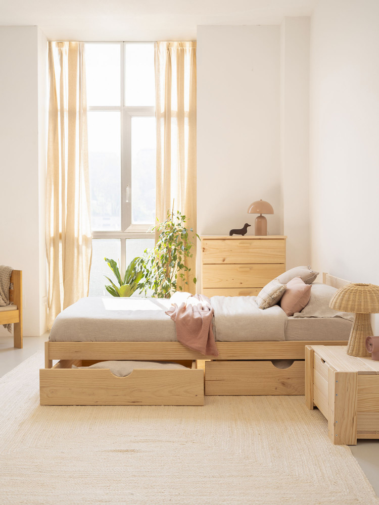 Cama individual de 105 de pino natural con cajones | LUFE 2